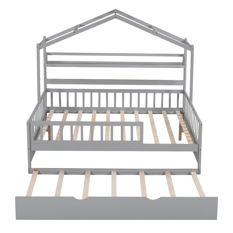 Full Size Wooden House Bed with Twin Size Trundle