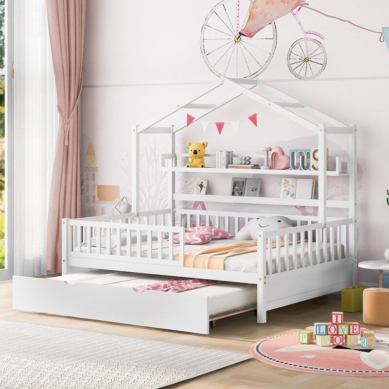 Full Size Wooden House Bed with Twin Size Trundle