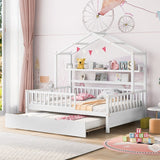 Full Size Wooden House Bed with Twin Size Trundle
