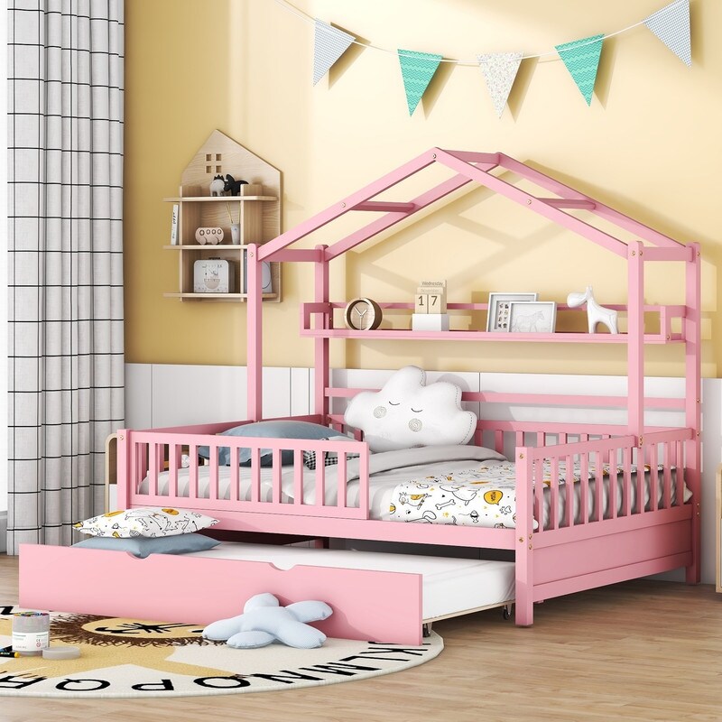 Full Size Wooden House Bed with Twin Size Trundle