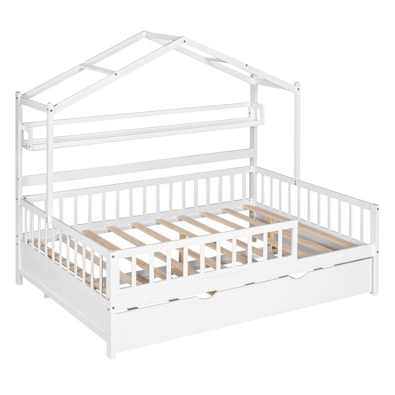Full Size Wooden House Bed with Twin Size Trundle