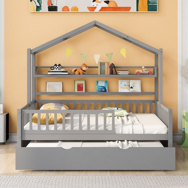 Full Size Wooden House Bed with Twin Size Trundle