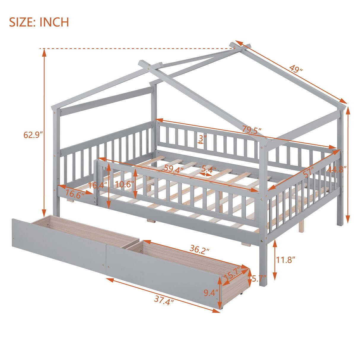 Full Size Wooden House Bed with Two Drawers suitable for bedroom