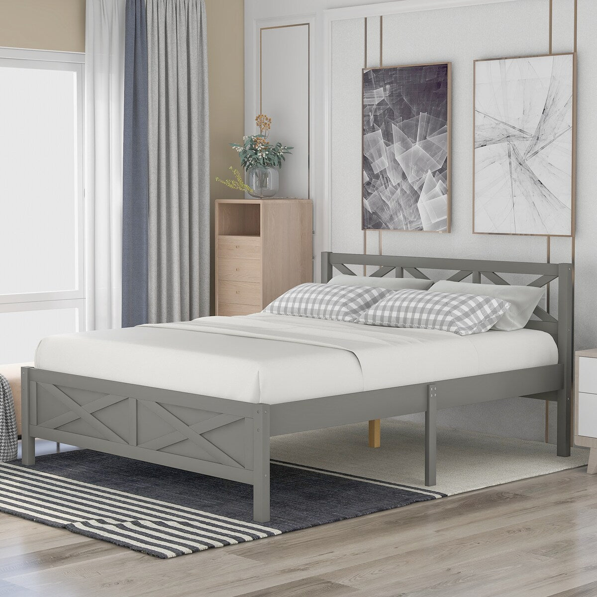 Full Size Wooden Platform Bed with Extra Support Legs