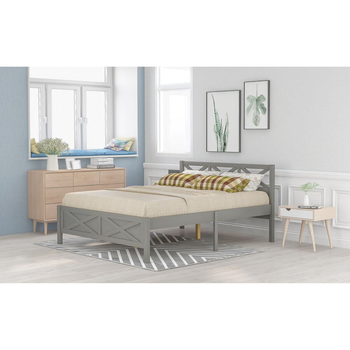 Full Size Wooden Platform Bed with Extra Support Legs