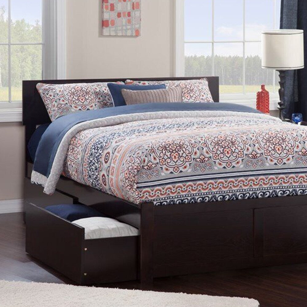 Full Solid Wood Bed and Footboard with Storage Drawers in Espresso