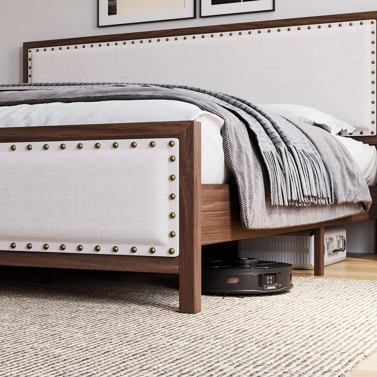 Full Upholstered Platform Bed with Linen Headboard and Footboard