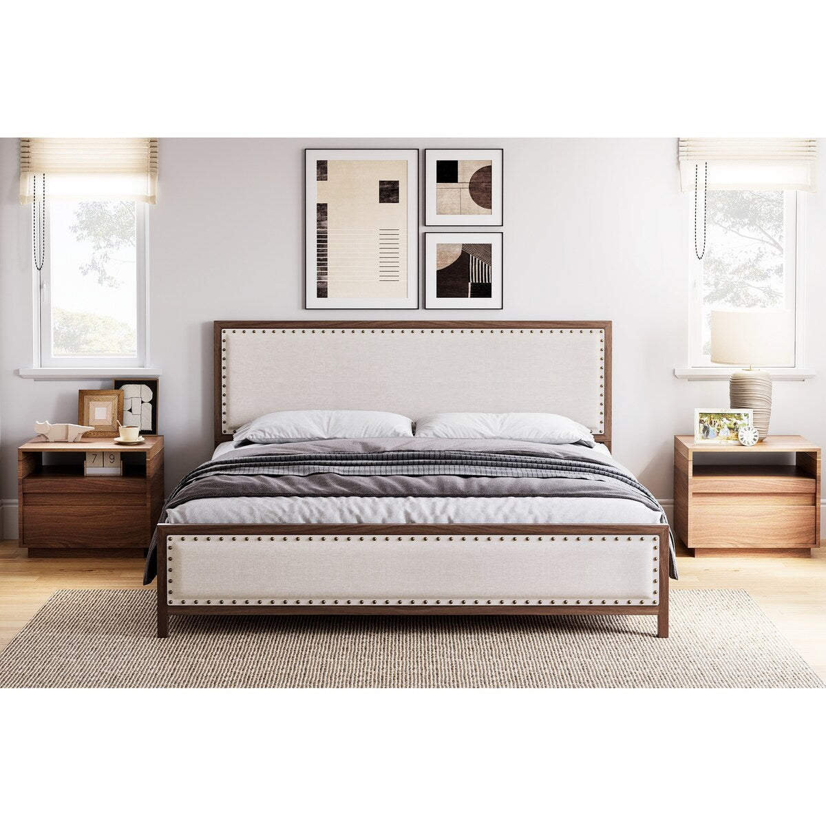 Full Upholstered Platform Bed with Linen Headboard and Footboard