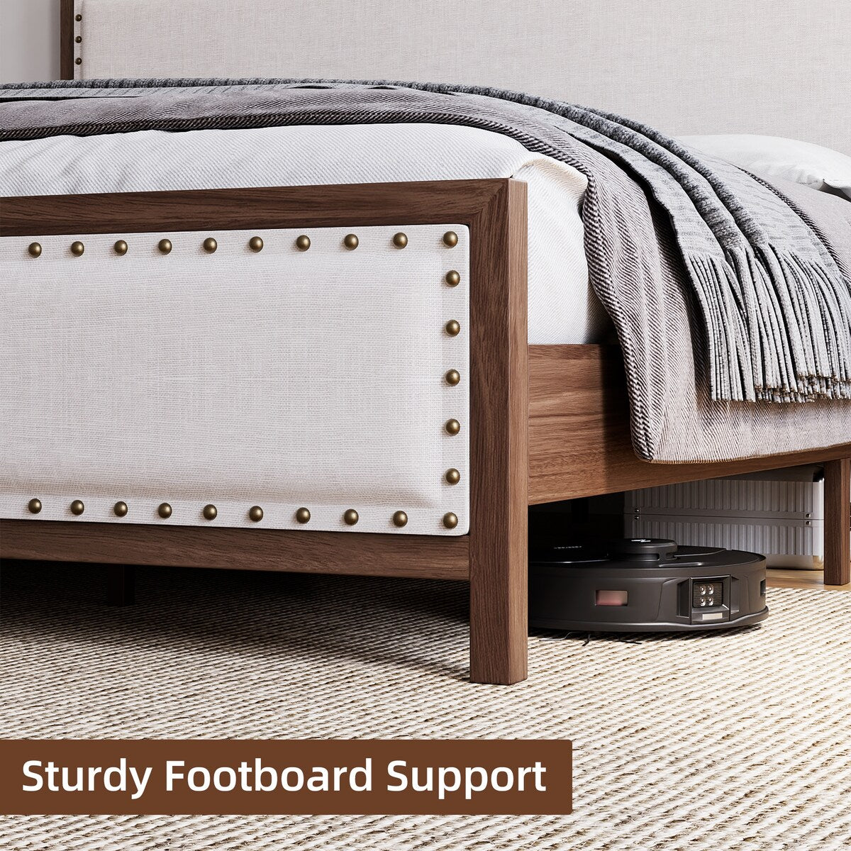 Full Upholstered Platform Bed with Linen Headboard and Footboard