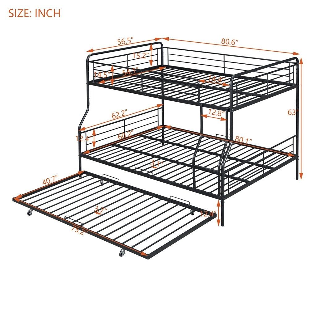 Full XL Over Queen Metal Bunk Bed with Twin Size Trundle