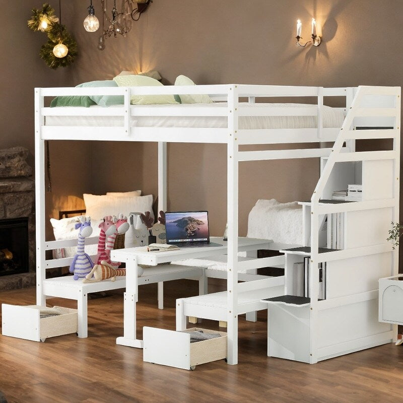 Full over Full Bunk Bed Down Bed Can Be Convertible to Seat and Table Set White