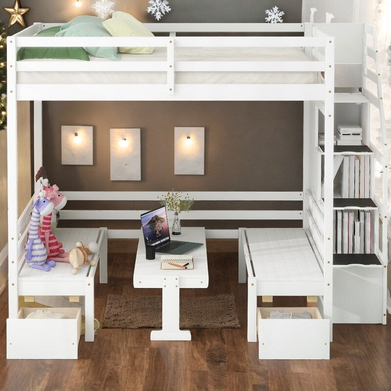 Full over Full Bunk Bed Down Bed Can Be Convertible to Seat and Table Set White