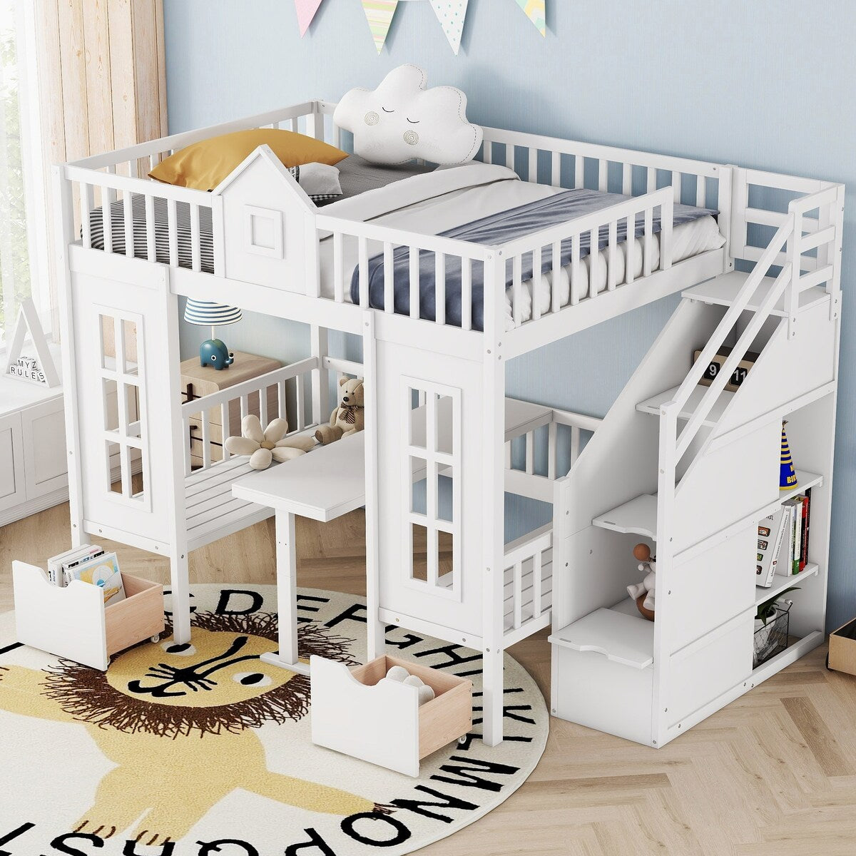 Full over Full Bunk Bed With Changeable Table,Conversation Desk