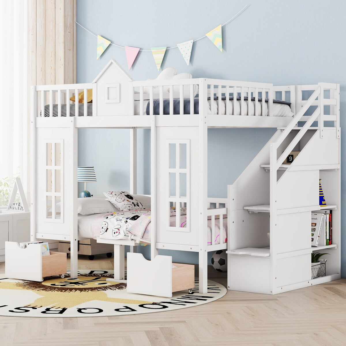 Full over Full Bunk Bed With Changeable Table,Conversation Desk