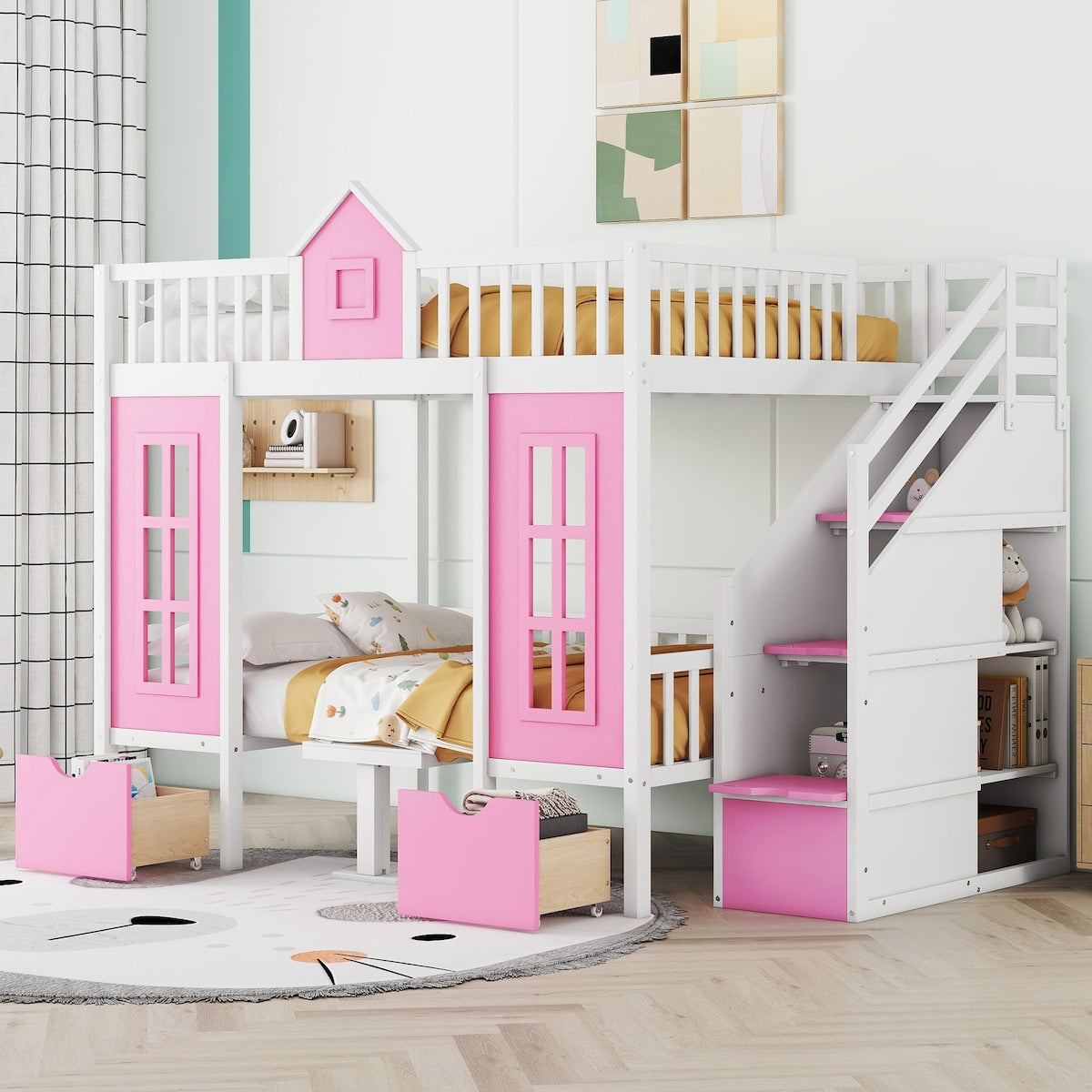 Full over Full Bunk Bed With Changeable Table,Conversation Desk