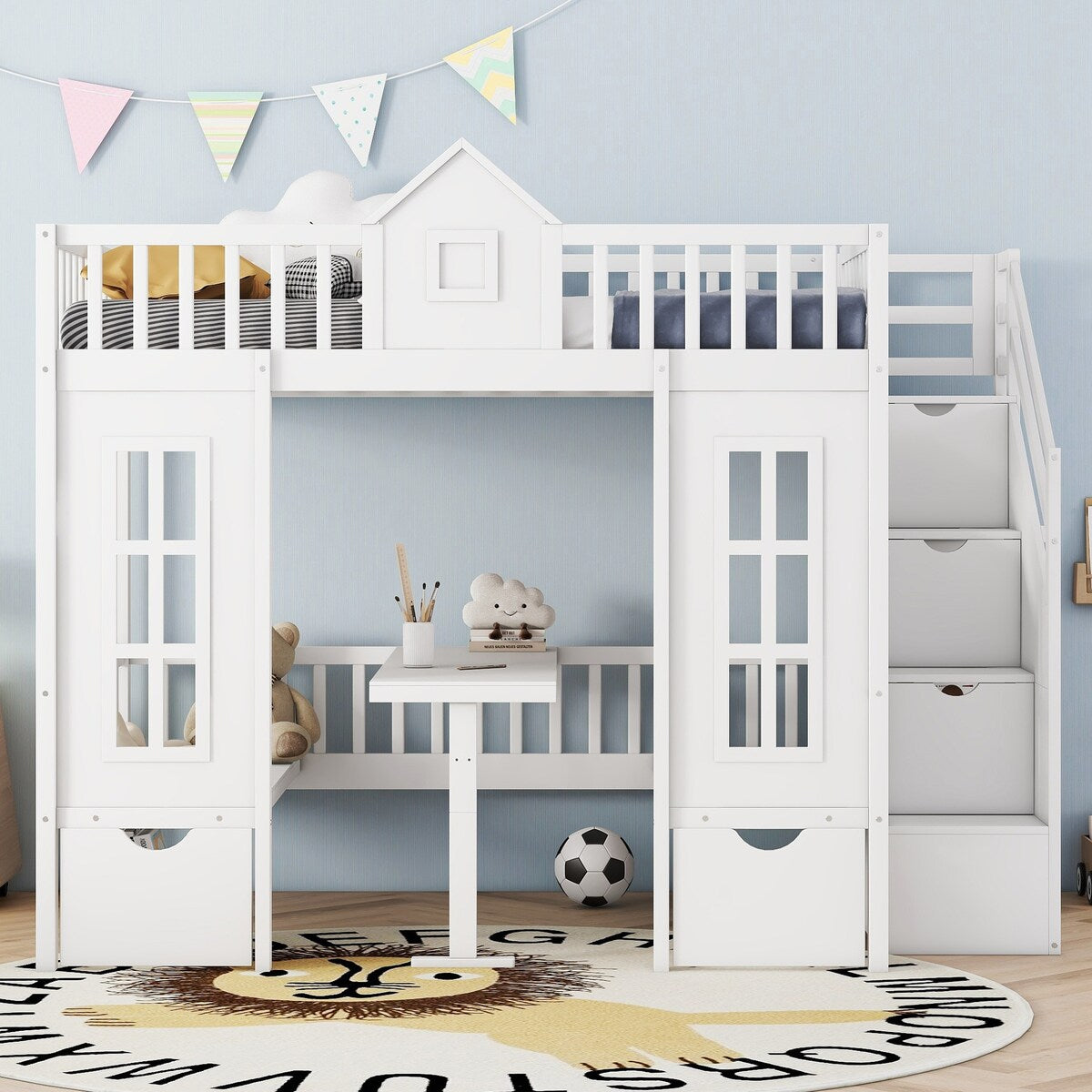Full over Full Bunk Bed With Changeable Table,Conversation Desk