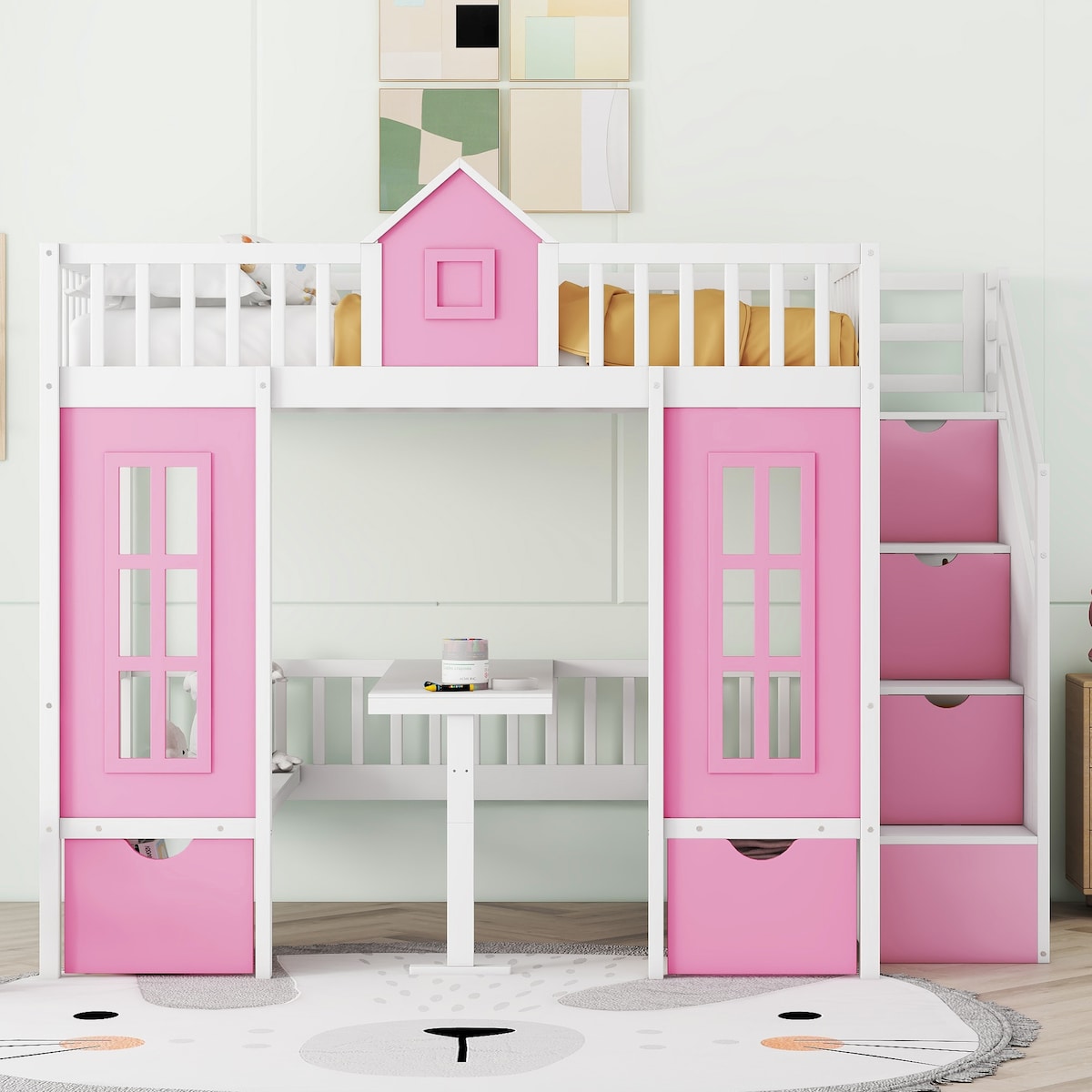 Full over Full Bunk Bed With Changeable Table,Conversation Desk