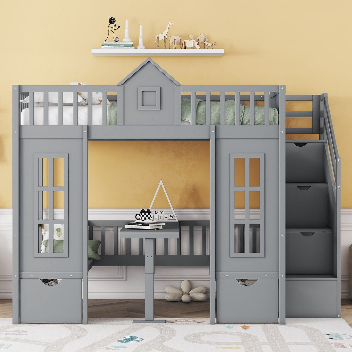 Full over Full Bunk Bed With Changeable Table,Conversation Desk