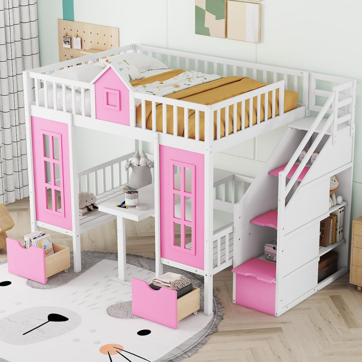 Full over Full Bunk Bed With Changeable Table,Conversation Desk