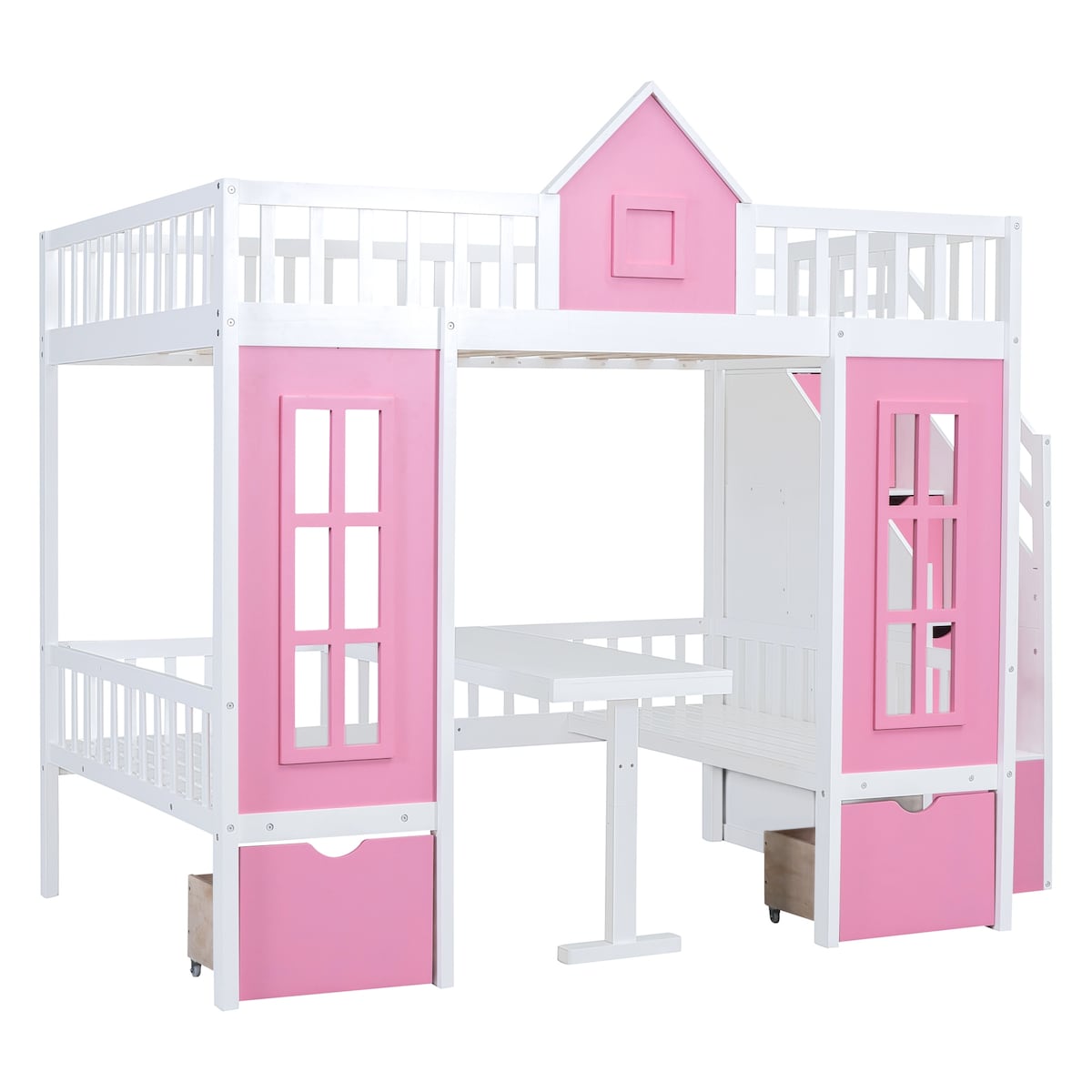 Full over Full Bunk Bed With Changeable Table,Conversation Desk