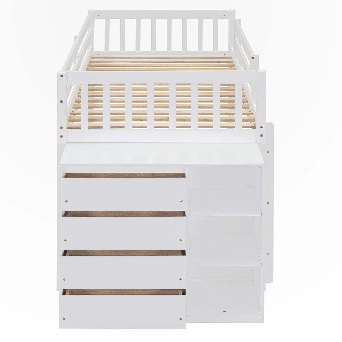 Full over Full Bunk Bed with 4 Drawers and 3 Shelves