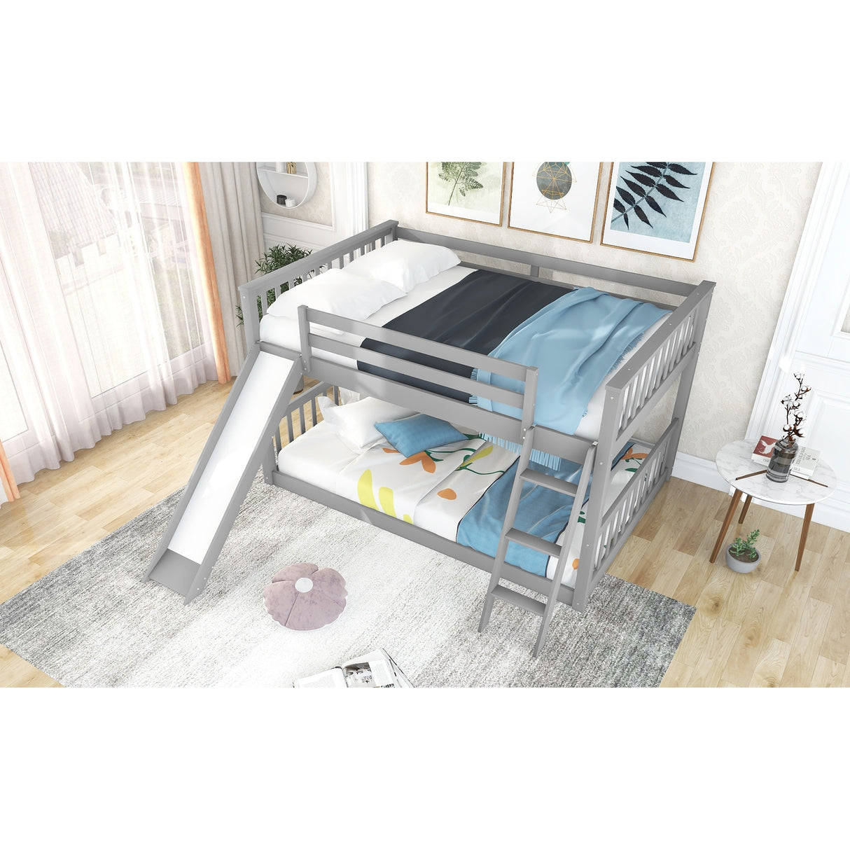 Full over Full Bunk Bed with Convertible Slide and Ladder, Gray