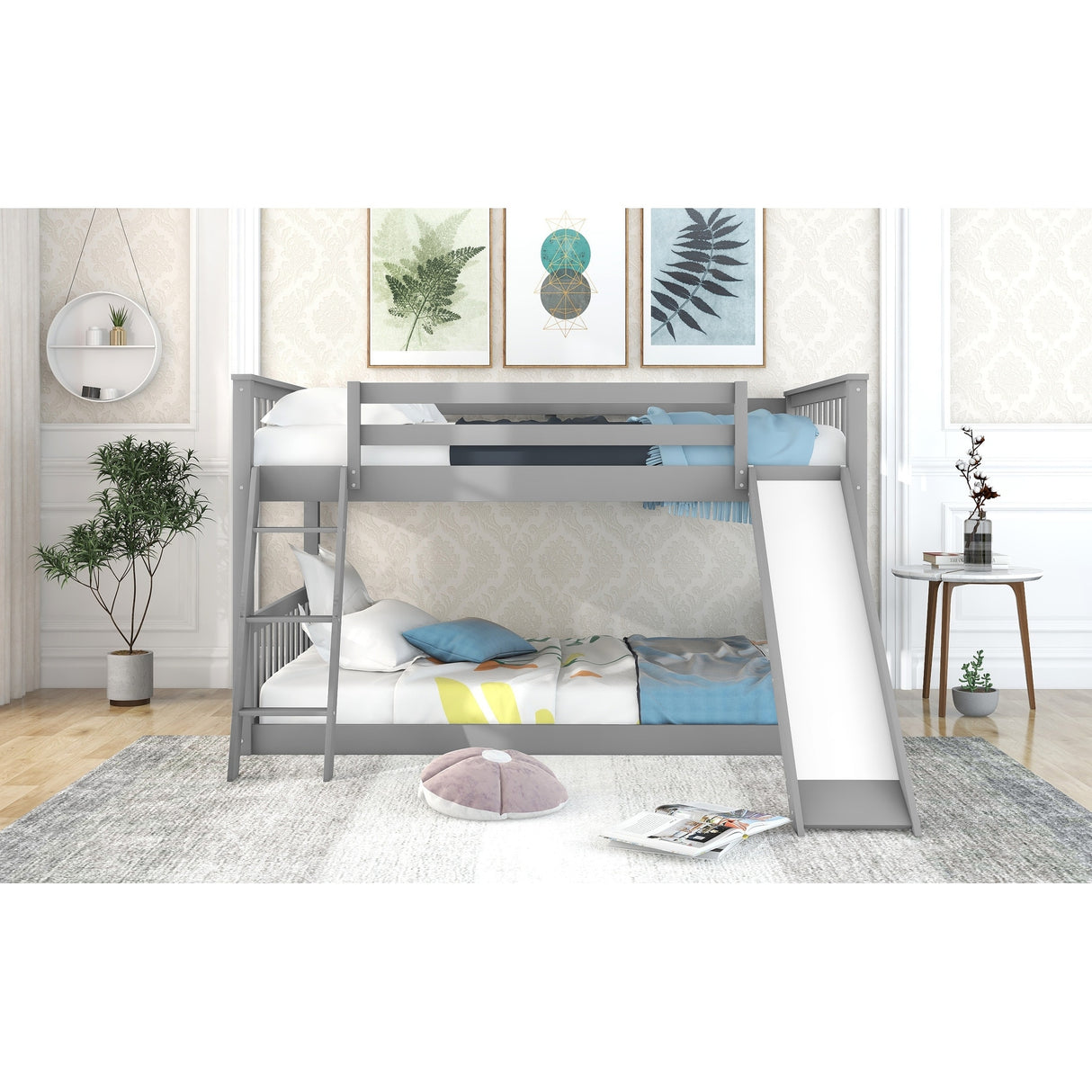 Full over Full Bunk Bed with Convertible Slide and Ladder, Gray