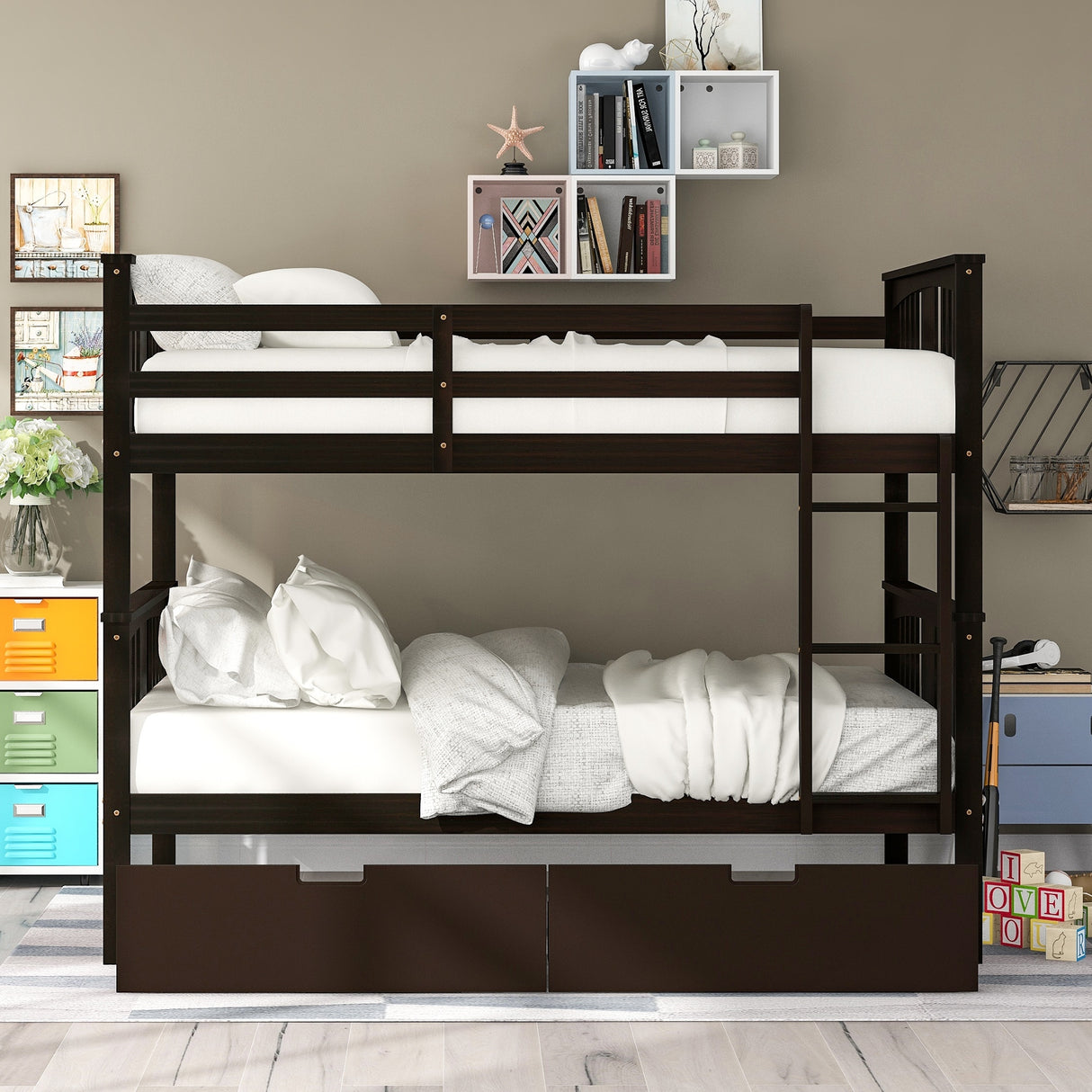 Full over Full Bunk Bed with Drawers and Ladder