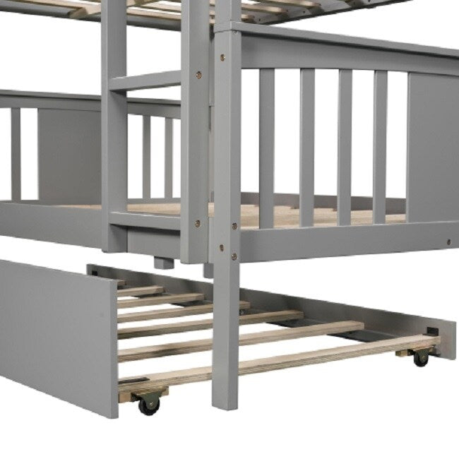 Full over Full Bunk Bed with Twin Size Trundle and Ladder-White