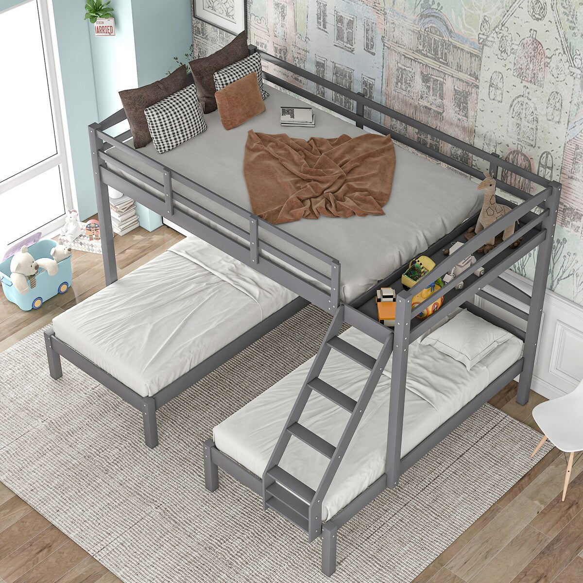 Full over Twin Bunk Bed,Triple Bed Design, Gray