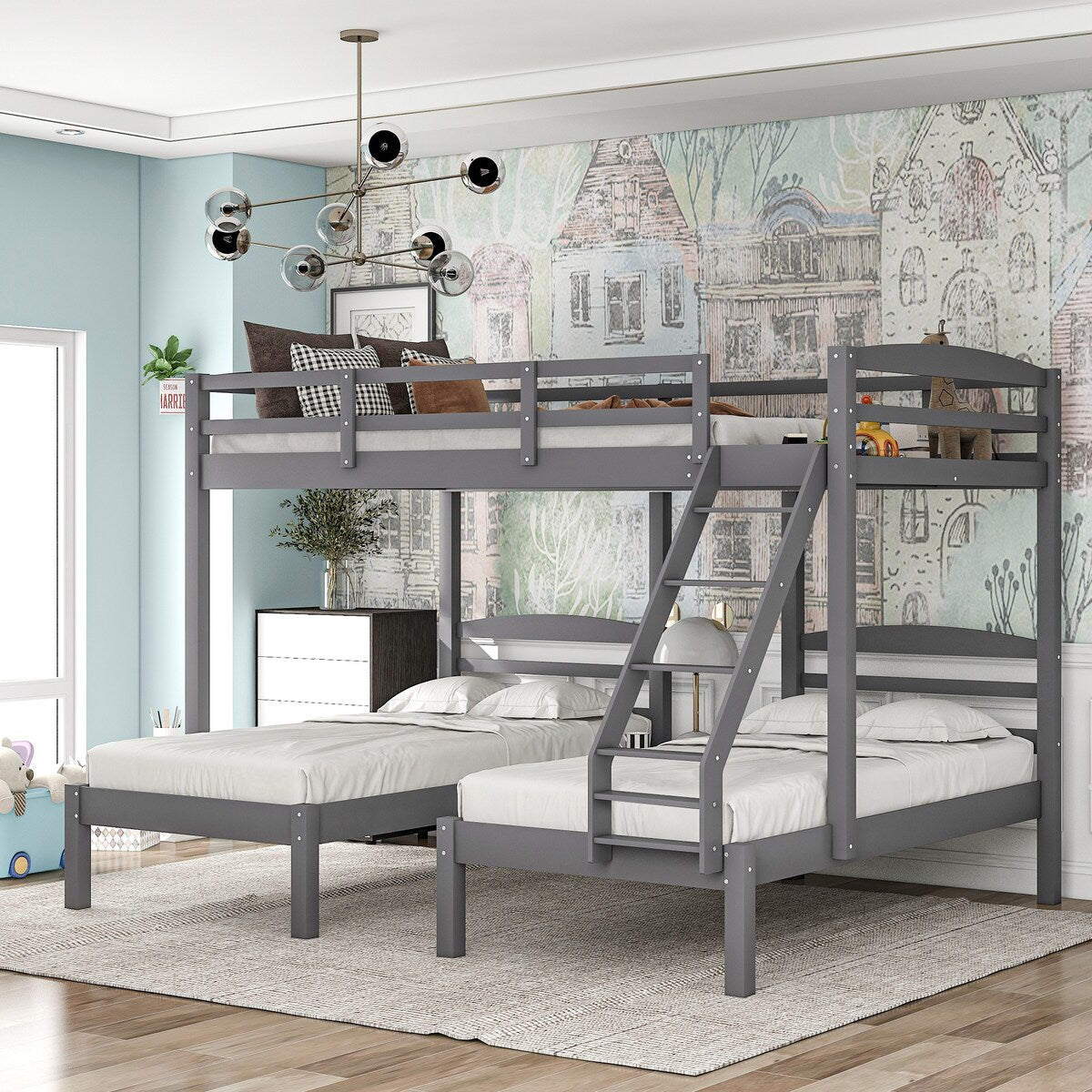 Full over Twin Bunk Bed,Triple Bed Design, Gray