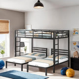 Full over Twin&Twin Size Bunk Bed with Built-in Shelf, Three-Bed with Safety Guardrail, Metal Bed with 2 Ladders, Black