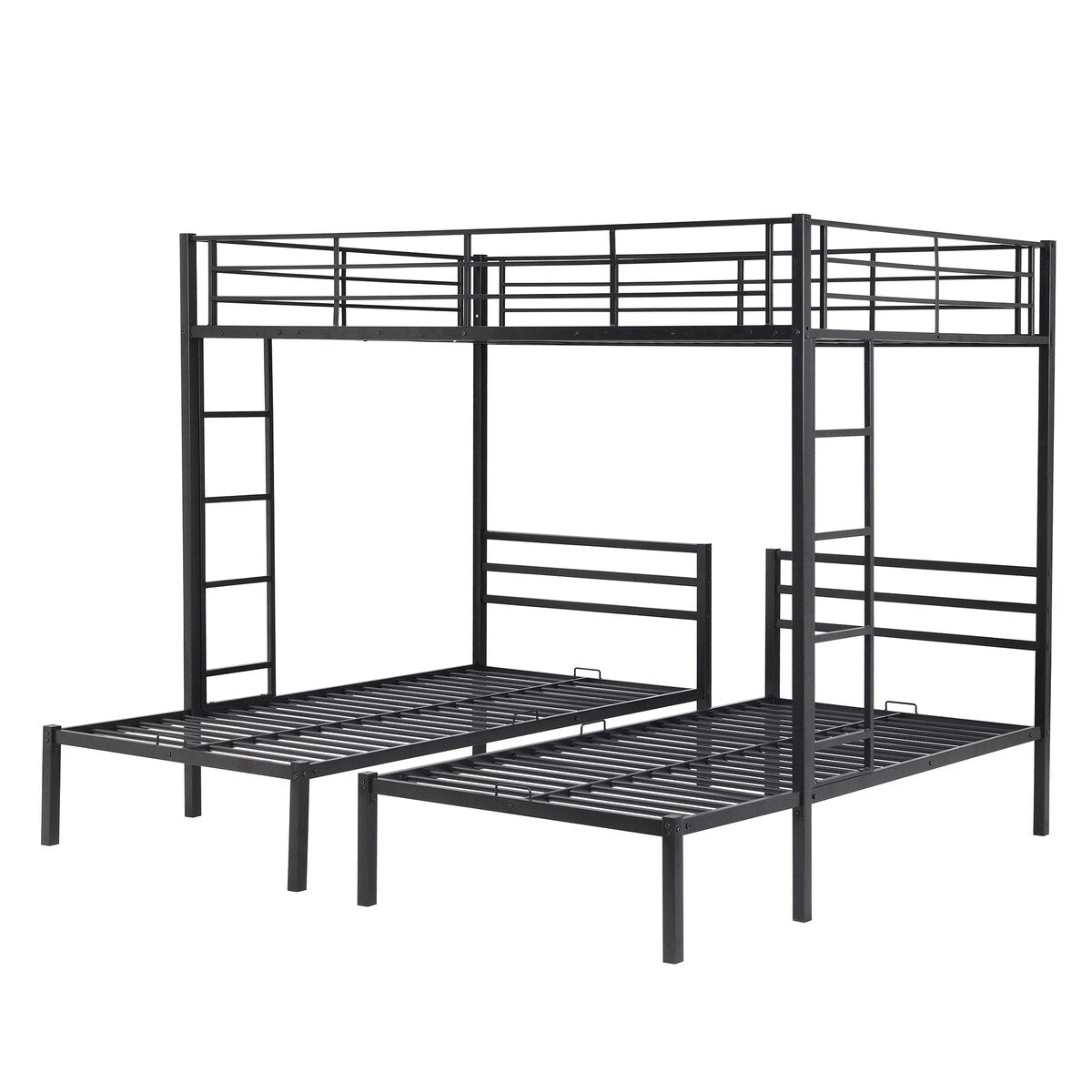 Full over Twin&Twin Size Bunk Bed with Built-in Shelf, Three-Bed with Safety Guardrail, Metal Bed with 2 Ladders, Black