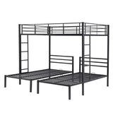 Full over Twin&Twin Size Bunk Bed with Built-in Shelf, Three-Bed with Safety Guardrail, Metal Bed with 2 Ladders, Black