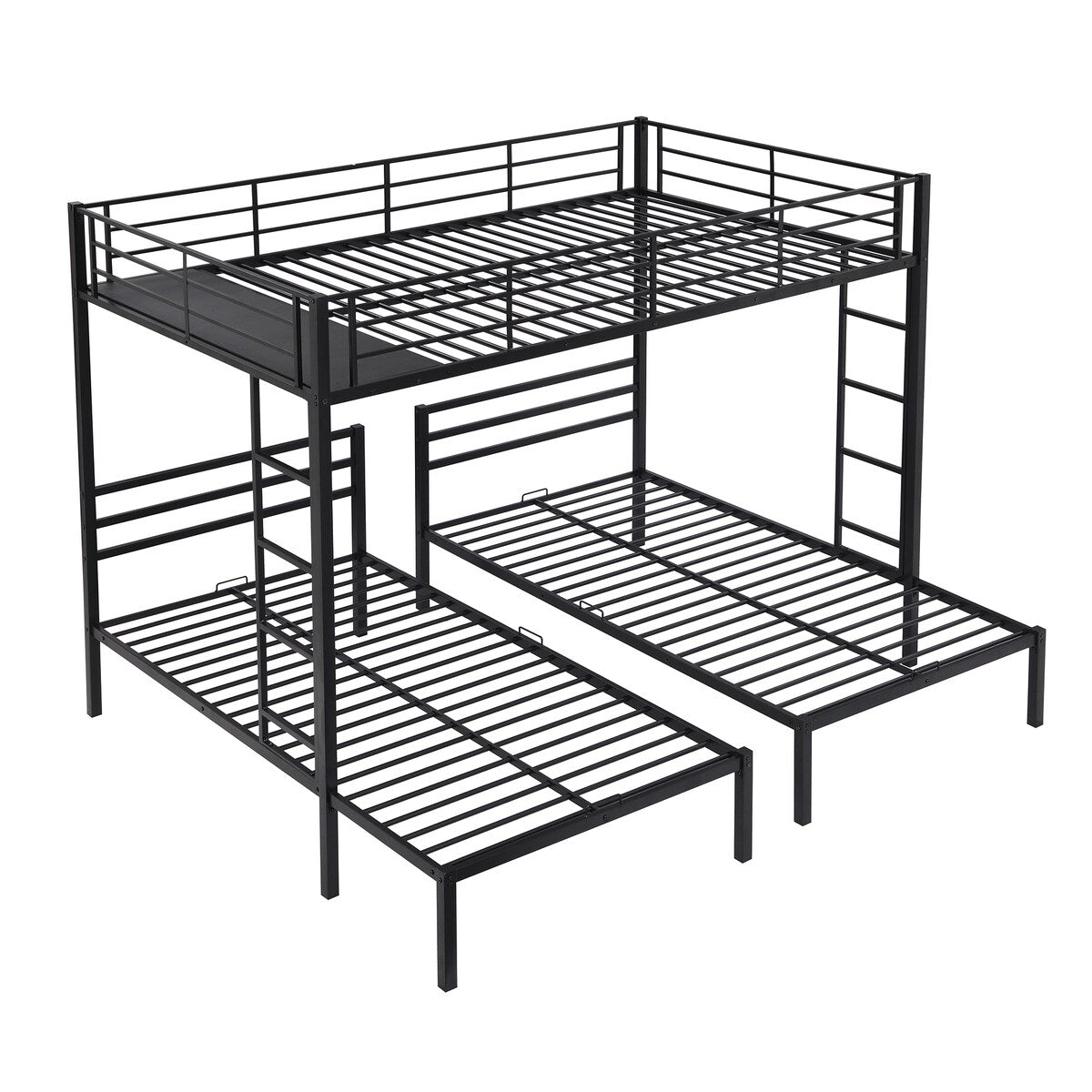 Full over Twin&Twin Size Bunk Bed with Built-in Shelf, Three-Bed with Safety Guardrail, Metal Bed with 2 Ladders, Black
