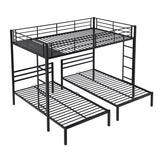 Full over Twin&Twin Size Bunk Bed with Built-in Shelf, Three-Bed with Safety Guardrail, Metal Bed with 2 Ladders, Black