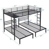 Full over Twin&Twin Size Bunk Bed with Built-in Shelf, Three-Bed with Safety Guardrail, Metal Bed with 2 Ladders, Black