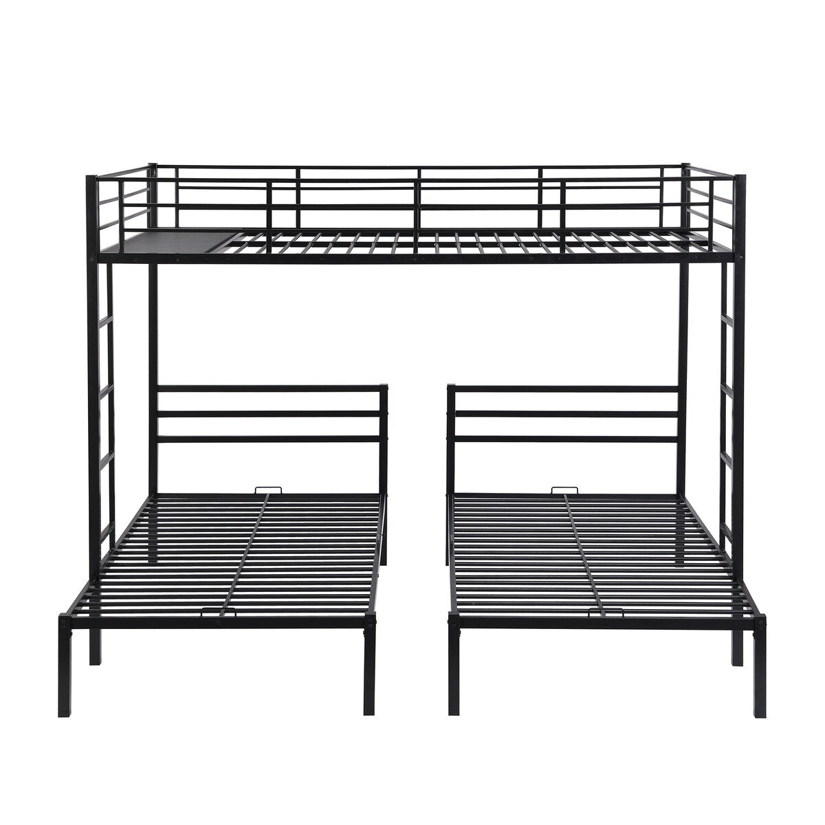 Full over Twin&Twin Size Bunk Bed with Built-in Shelf, Three-Bed with Safety Guardrail, Metal Bed with 2 Ladders, Black