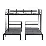 Full over Twin&Twin Size Bunk Bed with Built-in Shelf, Three-Bed with Safety Guardrail, Metal Bed with 2 Ladders, Black