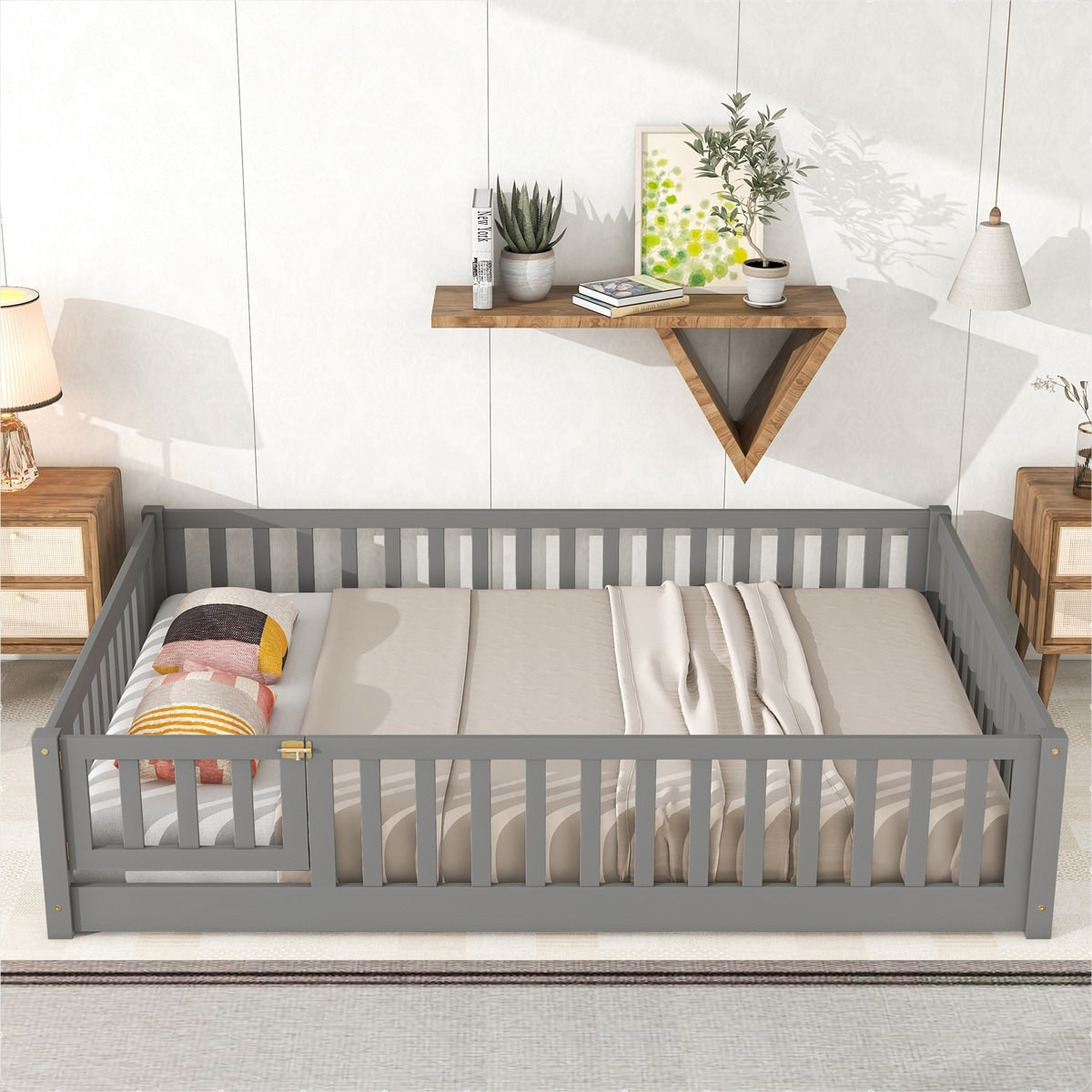 Full size Floor Platform Bed with Fence and Door for kids