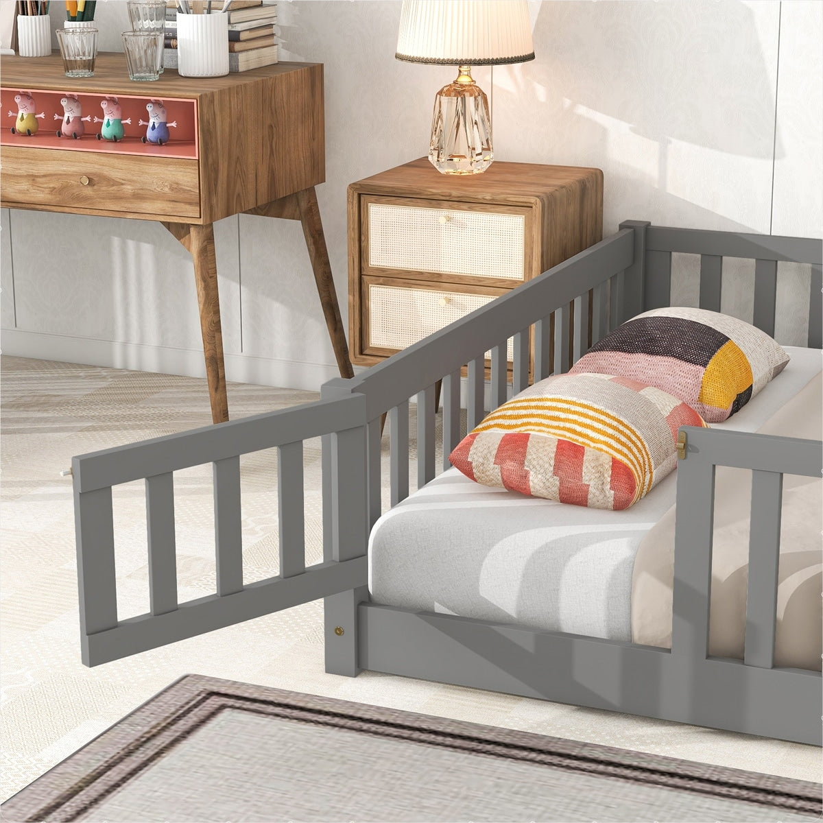 Full size Floor Platform Bed with Fence and Door for kids