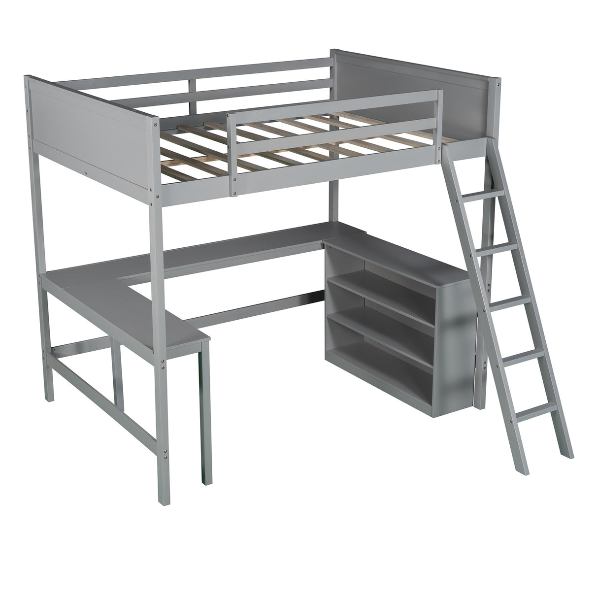Full size Loft Bed with Shelves and Desk, Wooden Loft Bed with Desk Gray
