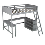 Full size Loft Bed with Shelves and Desk, Wooden Loft Bed with Desk Gray