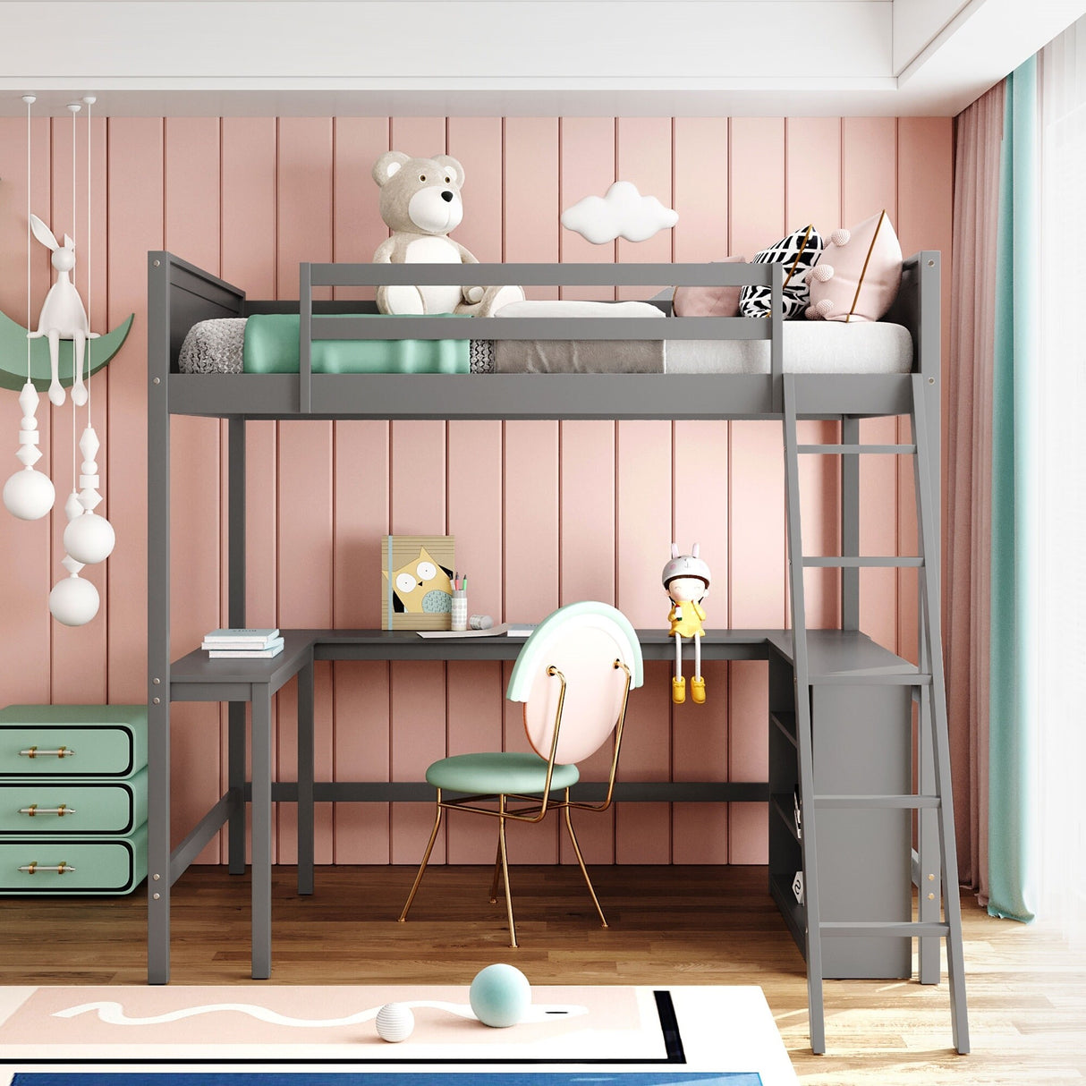 Full size Loft Bed with Shelves and Desk, Wooden Loft Bed with Desk Gray