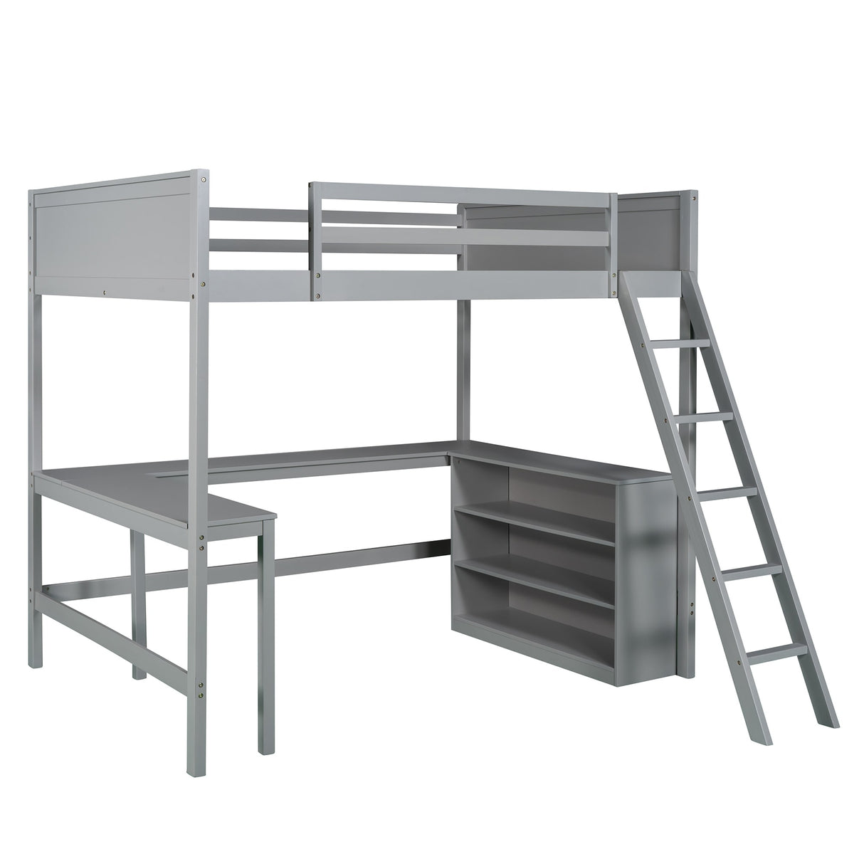 Full size Loft Bed with Shelves and Desk, Wooden Loft Bed with Desk Gray