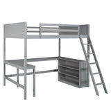 Full size Loft Bed with Shelves and Desk, Wooden Loft Bed with Desk Gray