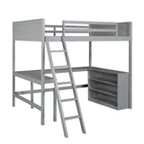 Full size Loft Bed with Shelves and Desk, Wooden Loft Bed with Desk Gray