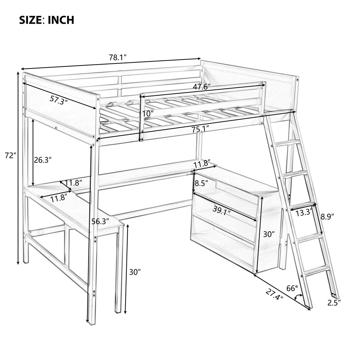 Full size Loft Bed with Shelves and Desk, Wooden Loft Bed with Desk Gray