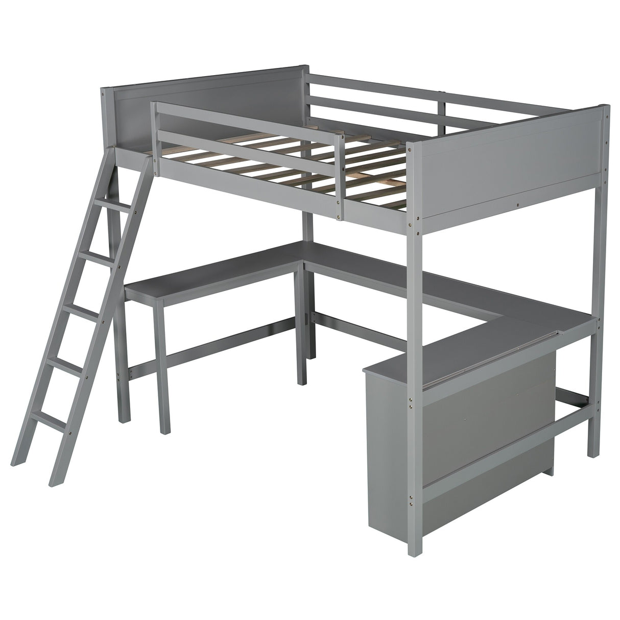 Full size Loft Bed with Shelves and Desk, Wooden Loft Bed with Desk Gray