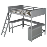 Full size Loft Bed with Shelves and Desk, Wooden Loft Bed with Desk Gray